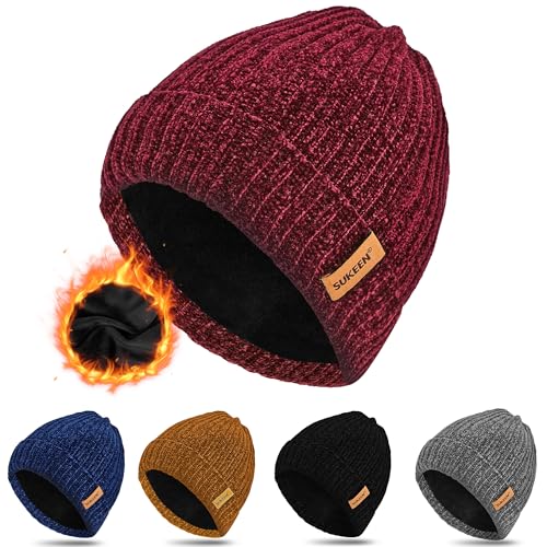 Sukeen Weiche Warme Beanie für Herren Damen, Mütze Herren Strickmütze Wintermütze Dehnbare Strickmütze mit Dickem,Warmem Futter,Klassische Unisex-Strickmütze in Einheitsgröße-Weinrot von Sukeen