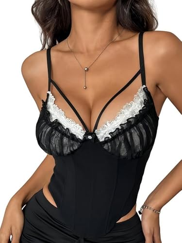 Sukiglam Corset Top Damen Punk Blumenspitze Corsage Sexy Bustier Spaghettiträger Korsett Oberteil mit Push Up Effekt Crop Tops Slim Fit Tanktops Rave Outfit Party Tshirt Camisole Sukiglam Corset Top Damen Punk Blumenspitze Corsage Sexy Bustier Spaghettiträger Korsett Oberteil mit Push Up Effekt Crop Tops Slim Fit Tanktops Rave Outfit Party Tshirt Camisole von Sukiglam
