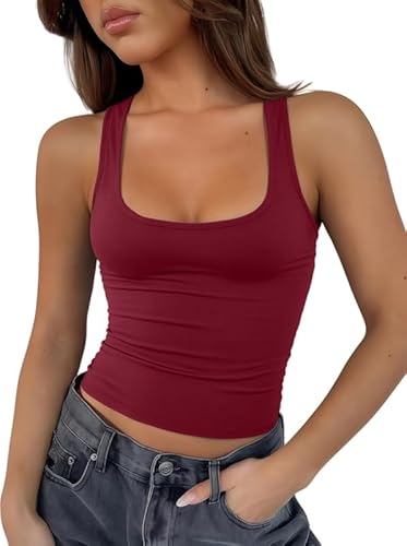 Sukiglam Crop Tops Damen Sexy U Ausschnitt Ärmellos Tank Top Y2k Aesthetic Sommer Oberteile Kurz Slim Fit Trägertop Casual Sport Tanktops Teenager Mädchen Basic Camisole Shirt von Sukiglam