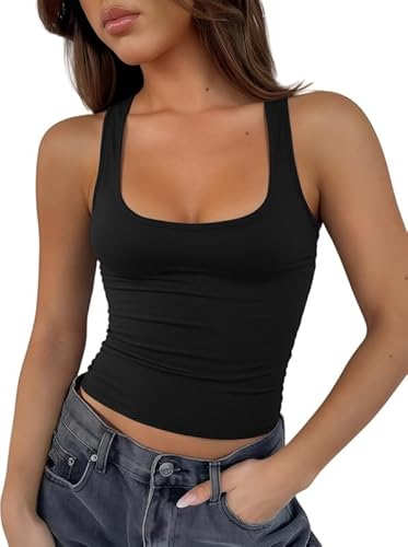 Sukiglam Crop Tops Damen Sexy U Ausschnitt Ärmellos Tank Top Y2k Aesthetic Sommer Oberteile Kurz Slim Fit Trägertop Casual Sport Tanktops Teenager Mädchen Basic Camisole Shirt von Sukiglam