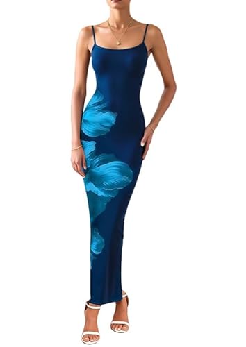 Sukiglam Damen Kleider Langes Blumendruck Sexy Kleid Spaghettiträger Ärmelloses Sommerkleid Elegant Hochzeitsgast Maxikleid Eng Slip Partykleid Figurbetontes Wickelkleid Festliche Bodycon Abendkleid von Sukiglam