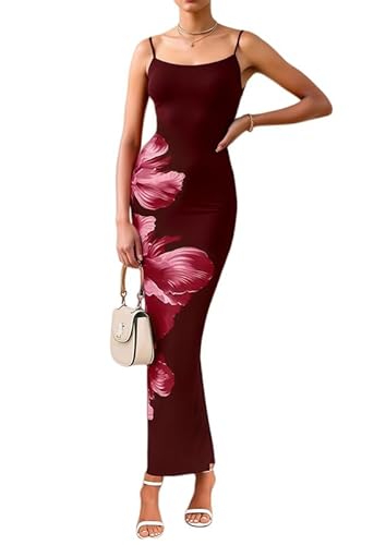 Sukiglam Damen Kleider Langes Blumendruck Sexy Kleid Spaghettiträger Ärmelloses Sommerkleid Elegant Hochzeitsgast Maxikleid Eng Slip Partykleid Figurbetontes Wickelkleid Festliche Bodycon Abendkleid von Sukiglam
