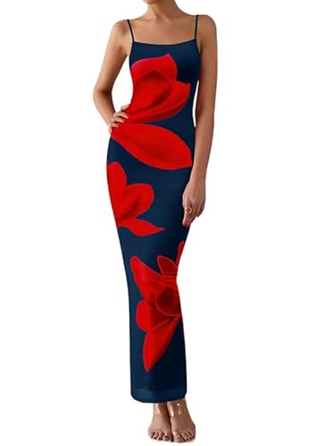 Sukiglam Damen Kleider Langes Blumendruck Sexy Kleid Spaghettiträger Ärmelloses Sommerkleid Elegant Hochzeitsgast Maxikleid Eng Slip Partykleid Figurbetontes Wickelkleid Festliche Bodycon Abendkleid von Sukiglam