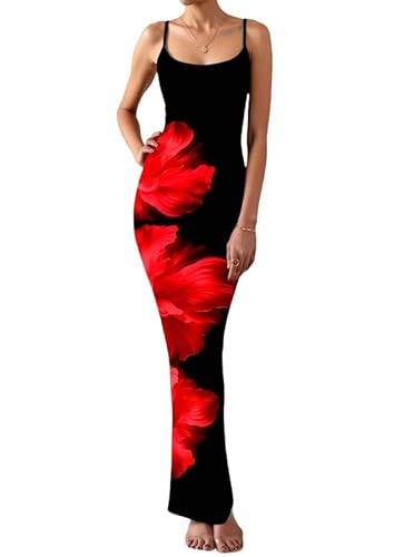 Sukiglam Damen Kleider Langes Blumendruck Sexy Kleid Spaghettiträger Ärmelloses Sommerkleid Elegant Hochzeitsgast Maxikleid Eng Slip Partykleid Figurbetontes Wickelkleid Festliche Bodycon Abendkleid von Sukiglam