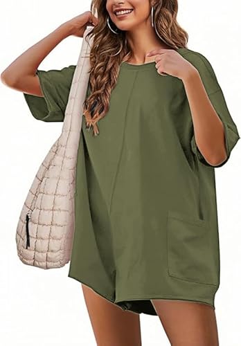 Sukiglam Jumpsuit Damen Elegant Sommer Overall V/Rundhals Kurzarm Lose Romper Casual Weites Bein Latzhosen Kurz Einteiler Strand Outfit Mit Taschen von Sukiglam