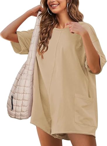 Sukiglam Jumpsuit Damen Elegant Sommer Overall V/Rundhals Kurzarm Lose Romper Casual Weites Bein Latzhosen Kurz Einteiler Strand Outfit Mit Taschen von Sukiglam