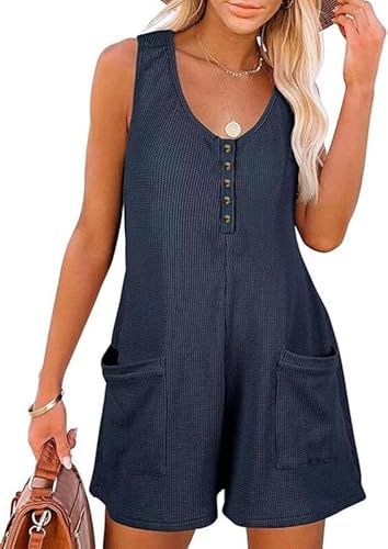 Sukiglam Jumpsuit Damen Sommer Ärmellos V-Ausschnitt Tank-Strampler Casual Lose Overall Kurze Latzhose Breites Bein Einteiler Overalls Shorts mit Taschen und Button Down Waffelstoff Jumpsuits von Sukiglam