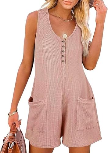 Sukiglam Jumpsuit Damen Sommer Ärmellos V-Ausschnitt Tank-Strampler Casual Lose Overall Kurze Latzhose Breites Bein Einteiler Overalls Shorts mit Taschen und Button Down Waffelstoff Jumpsuits von Sukiglam