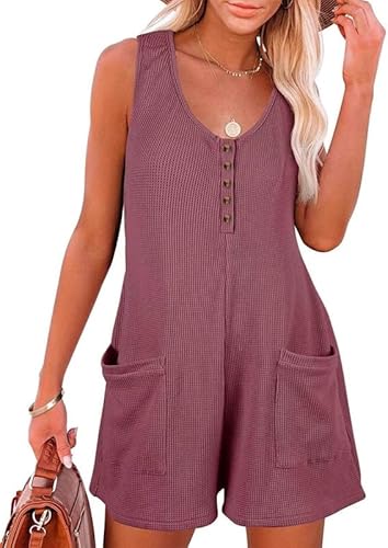 Sukiglam Jumpsuit Damen Sommer Ärmellos V-Ausschnitt Tank-Strampler Casual Lose Overall Kurze Latzhose Breites Bein Einteiler Overalls Shorts mit Taschen und Button Down Waffelstoff Jumpsuits von Sukiglam