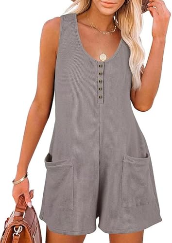 Sukiglam Jumpsuit Damen Sommer Ärmellos V-Ausschnitt Tank-Strampler Casual Lose Overall Kurze Latzhose Breites Bein Einteiler Overalls Shorts mit Taschen und Button Down Waffelstoff Jumpsuits von Sukiglam