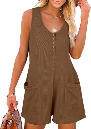 Sukiglam Jumpsuit Damen Sommer Ärmellos V-Ausschnitt Tank-Strampler Casual Lose Overall Kurze Latzhose Breites Bein Einteiler Overalls Shorts mit Taschen und Button Down Waffelstoff Jumpsuits von Sukiglam