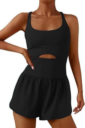 Sukiglam Jumpsuit Damen Sommer Kurz Eng Ärmellose Breites Bein Einteiler Overall One Piece Sport Jumpsuits Ausgeschnittene Taille Überkreuzte Träger am Rücken Workout Romper mit Taschen von Sukiglam