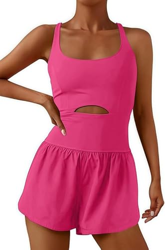 Sukiglam Jumpsuit Damen Sommer Kurz Eng Ärmellose Breites Bein Einteiler Overall One Piece Sport Jumpsuits Ausgeschnittene Taille Überkreuzte Träger am Rücken Workout Romper mit Taschen von Sukiglam