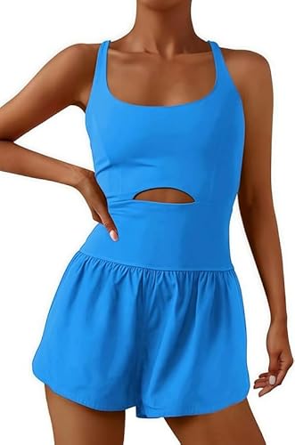 Sukiglam Jumpsuit Damen Sommer Kurz Eng Ärmellose Breites Bein Einteiler Overall One Piece Sport Jumpsuits Ausgeschnittene Taille Überkreuzte Träger am Rücken Workout Romper mit Taschen von Sukiglam