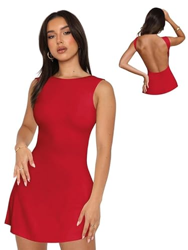 Sukiglam Kleid Damen Sexy Kurzes Kleider Elegantes Ärmelloses Boot Ausschnitt Minikleid Rückenfreies Sommerkleid Bodycon Kleid Kurze Partykleid Freizeitkleid Cocktailkleid Club Tank Kleider von Sukiglam
