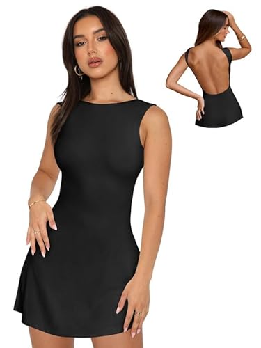 Sukiglam Kleid Damen Sexy Kurzes Kleider Elegantes Ärmelloses Boot Ausschnitt Minikleid Rückenfreies Sommerkleid Bodycon Kleid Kurze Partykleid Freizeitkleid Cocktailkleid Club Tank Kleider von Sukiglam
