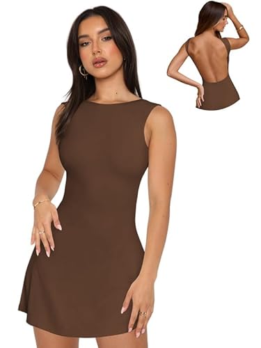 Sukiglam Kleid Damen Sexy Kurzes Kleider Elegantes Ärmelloses Boot Ausschnitt Minikleid Rückenfreies Sommerkleid Bodycon Kleid Kurze Partykleid Freizeitkleid Cocktailkleid Club Tank Kleider von Sukiglam