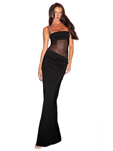 Sukiglam Kleid Damen Sexy Spitze Patchwork Slip Maxikleid Rückenfreies Bodycon Patykleid Figurbetontes Hochzeitsgast Kleider Lange Ärmelloses Elegant eng Abschlusskleid Spaghettiträger Cocktailkleid von Sukiglam