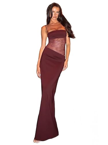 Sukiglam Kleid Damen Sexy Spitze Patchwork Slip Maxikleid Rückenfreies Bodycon Patykleid Figurbetontes Hochzeitsgast Kleider Lange Ärmelloses Elegant eng Abschlusskleid Spaghettiträger Cocktailkleid von Sukiglam