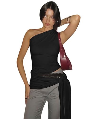 Sukiglam One Shoulder Oberteil Damen Sommer Ärmellos Asymmetrisch Y2k Tanktops Sexy Slim Fit Schulterfreies Going Out Crop Tops mit Schnürung in der Taille Party Top Elegant Solid Enge Shirts von Sukiglam