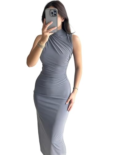 Sukiglam Sexy Kleid Damen Elegante Bodycon Maxikleid Für Hochzeitsgast Ärmellose Hoher Ausschnitt Lange Abendkleider Figurbetonte Sommerkleider mit Schlitz Partykleid Eng Wickelkleid Cocktailkleid von Sukiglam