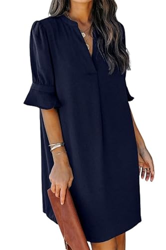Sukiglam Sommerkleid Damen Sexy V-Ausschnitt Halbarm Hemdkleid Elegant Cocktailkleider Leichte Freizeitkleider Casual Einfarbig Midi Kleid Strandkleid Mode Kleider von Sukiglam