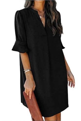 Sukiglam Sommerkleid Damen Sexy V-Ausschnitt Halbarm Hemdkleid Elegant Cocktailkleider Leichte Freizeitkleider Casual Einfarbig Midi Kleid Strandkleid Mode Kleider von Sukiglam