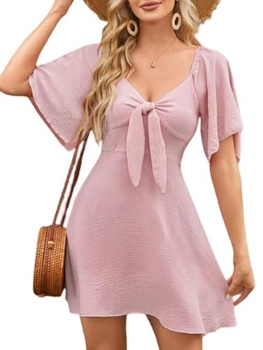 Sukiglam Sommerkleid Damen Sexy V Ausschnitt Kurzarm Freizeitkleid Elegante A-Linie Minikleid Rock mit Elastischem Rücken Partykleider Leicht und Luftig Strandkleid Niedlich Weiblichkleid Kurz von Sukiglam