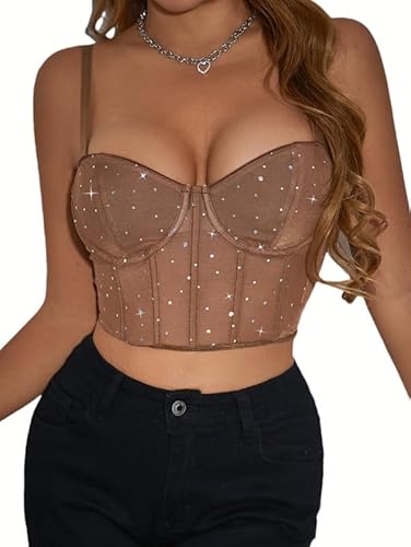 Sukiglam Tank Top Damen Glitzernden Corset Top Summer Oberteil Sexy Spitze Bustier Spaghettiträger Korsett mit Push Up Effekt Crop Tops Party Corsage Rave Outfit Y2k Tanktops Basic Camisole von Sukiglam