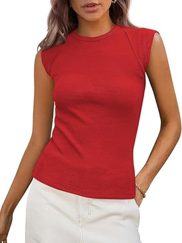 Sukiglam Tank Tops Damen Sommer Ribbed Oberteil Elegante Ärmellose Rundhals Blusentops Elastisch Slim Fit Tanktops Frauen Cap Ärmel Basic Tshirt Lässig Einfarbig Weste von Sukiglam