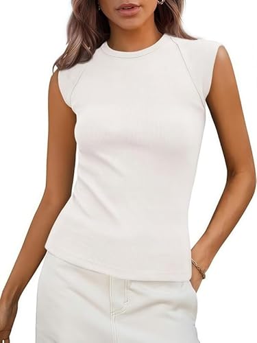 Sukiglam Tank Tops Damen Sommer Ribbed Oberteil Elegante Ärmellose Rundhals Blusentops Elastisch Slim Fit Tanktops Frauen Cap Ärmel Basic Tshirt Lässig Einfarbig Weste von Sukiglam
