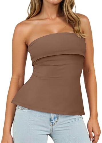 Sukiglam Tube Top Damen Sommer Ärmellos Bandeau Tops Elastisch Slim Fit Trägerloses Bluse Rückenfreies Y2k Outfits Non Slip Schulterfrei Oberteil mit Double Layer Bust Sexy Seite Geschlitzte von Sukiglam