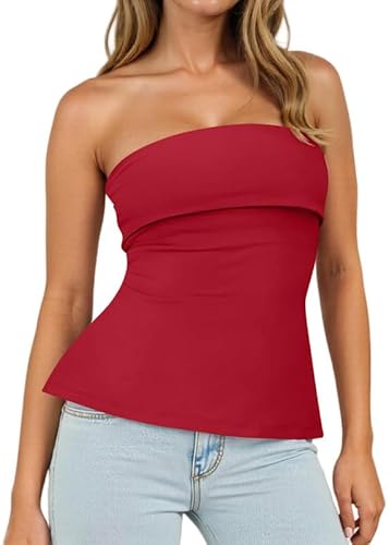 Sukiglam Tube Top Damen Sommer Ärmellos Bandeau Tops Elastisch Slim Fit Trägerloses Bluse Rückenfreies Y2k Outfits Non Slip Schulterfrei Oberteil mit Double Layer Bust Sexy Seite Geschlitzte von Sukiglam