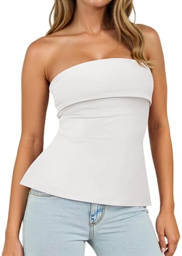 Sukiglam Tube Top Damen Sommer Ärmellos Bandeau Tops Elastisch Slim Fit Trägerloses Bluse Rückenfreies Y2k Outfits Non Slip Schulterfrei Oberteil mit Double Layer Bust Sexy Seite Geschlitzte von Sukiglam