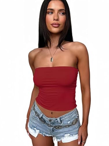 Sukiglam Tube Top Damen Sommer Sexy Ärmellos Bandeau Y2K Tops Basic Trägerloses Slim Fit Crop Tops Teenager Mädchen Casual Stretchy Rückenfreies Oberteile von Sukiglam