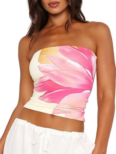 Sukiglam Tube Tops Damen Sommer Ärmellos Schulterfreies Oberteil Elegant Blumendruck Trägerloses Tanktops Sexy Rückenfreies Enge Shirts Y2k Casual Stretchy Slim Fit Bandeau Crop Top von Sukiglam