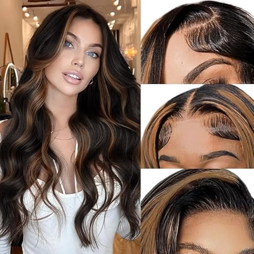 Braune Highlight-Perücken für Damen, schwarze und braune Kunstspitzenperücke, 33 x 10 cm, lange, gewellte Perücken mit Babyhaar, vorgezogene Highlight-Perücke Braune Highlight-Perücken für Damen, schwarze und braune Kunstspitzenperücke, 33 x 10 cm, lange, gewellte Perücken mit Babyhaar, vorgezogene Highlight-Perücke von Sukri