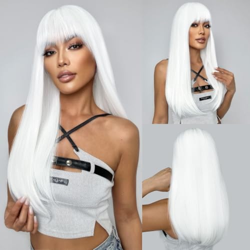 SUKRI Weiße Perücke mit Pony, lange, gerade weiße Perücken für Frauen, hitzebeständige synthetische Perücke, natürlich aussehende Haarperücke für den täglichen Gebrauch auf Cosplay-Partys von H SUKRI Weiße Perücke mit Pony, lange, gerade weiße Perücken für Frauen, hitzebeständige synthetische Perücke, natürlich aussehende Haarperücke für den täglichen Gebrauch auf Cosplay-Partys von H von Sukri