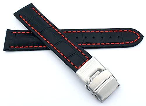 Sulla 18mm Alligator Prägung Genuine Leder Armband mit Faltschließe aus Edelstahl schwarz mit roter Naht von Sulla