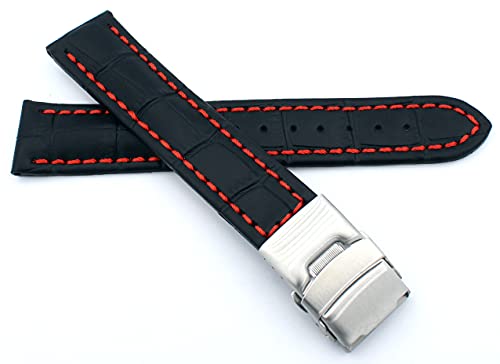 24mm Alligator Prägung Genuine Leder Armband mit Faltschließe aus Edelstahl schwarz mit roter Naht von Sulla