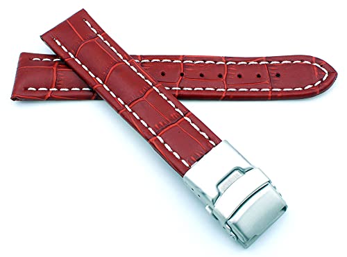 Sulla 18mm Uhrenband Alligator Prägung Genuine Leder Armband mit Faltschließe aus Edelstahl Rot Weiße Naht von Sulla