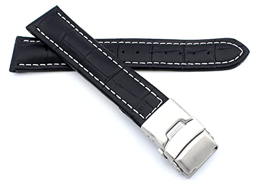 Sulla 18mm Uhrenband Alligator Prägung Genuine Leder Armband mit Faltschließe aus Edelstahl Schwarz Weiße Naht von Sulla