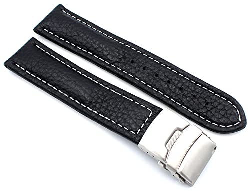 Sulla 18mm Uhrenband Genuine Leder Armband mit Faltschließe aus Edelstahl Schwarz Weiße Naht von Sulla