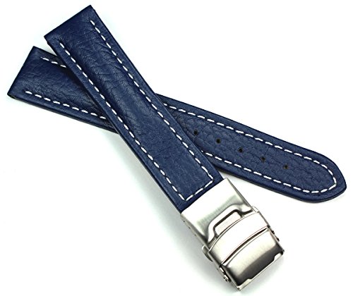 Sulla 20mm Genuine Leder Uhrenarmband Edelstahl Faltschließe Mittelblau weiße Naht von Sulla