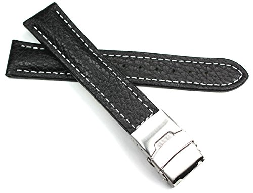 Sulla 20mm Herren Leder Uhrenarmband mit Edelstahl Faltschließe schwarz weiße Naht von Sulla