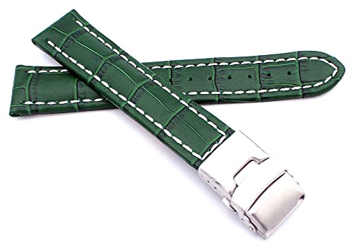 Sulla 20mm Uhrenband Alligator Prägung Genuine Leder Armband mit Faltschließe aus Edelstahl Grün Weiße Naht von Sulla