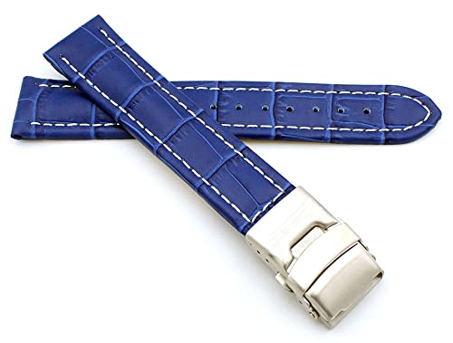 Sulla 20mm Uhrenband Alligator Prägung Genuine Leder Armband mit Faltschließe aus Edelstahl Königsblau Weiße Naht von Sulla