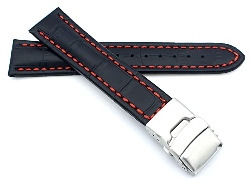 Sulla 20mm Uhrenband Alligator Prägung Genuine Leder Armband mit Faltschließe aus Edelstahl Schwarz Rote Naht von Sulla