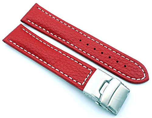 Sulla 20mm Uhrenband Genuine Leder Armband mit Faltschließe aus Edelstahl Rot Weiße Naht von Sulla