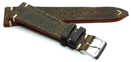 Sulla 22 mm Vintage Leder Uhrenarmband Handgemacht in Deutschland Retro Look Braun weiße Naht von Sulla